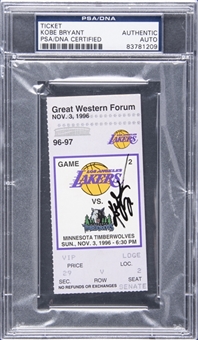 1996 Kobe Bryant Signed NBA Debut Ticket Stub From Minnesota Timberwolves vs Los Angeles Lakers on 11/3/96 (PSA/DNA Authentic & Panini) 